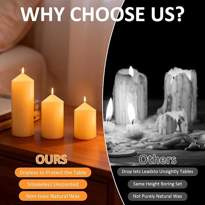 6 Pcs Ivory Pillar Candles Bulk Set, 3 Different Lengths 2 x 3/4/6 Inch (2 Each), Dripless Unscented Smokeless,Hurricane Candles,Gives You a Better Atmosphere When Organizing an Event Party.