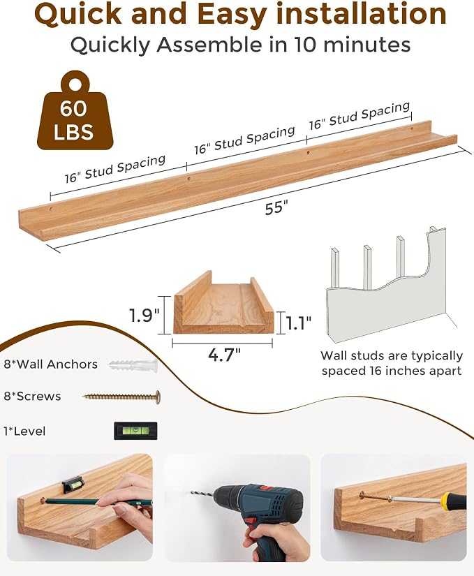 Axeman Oak Picture Ledge Shelf, 55 Inch Floating Shelves Set of 2, Solid Oak Wood Wall Shelves with Lip, Wall Decor Storage for Bedroom Living Room Bathroom Kitchen Nursery Photo Picture, Natural Oak