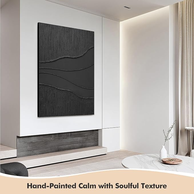 Large Black 3D Textured Wall Art, Hand-Painted Minimalist Canvas Artwork | Modern Abstract Vertical Wall Decor for Living Room Bedroom Office, Original Ocean Waves Oil Painting Home Decor, 24x36 in