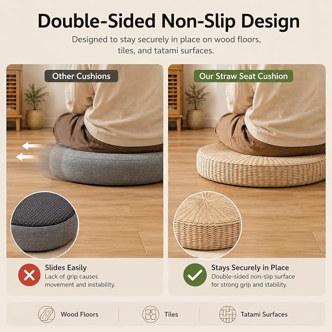 Round Tatami Floor Pillow, Handwoven Natural Straw Seat | Artisan Crafted, EPE Filling, Dia19.7", Comfortable Support, Boho, Lightweight, for Livng Room Meditation Reading Nook Patio