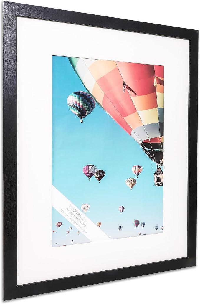 The Display Guys - Black Wooden Minimalist Picture Frames Set - Tempered Glass - 18x24 matted to 12x18 - Wall Hanging - 4-Pack