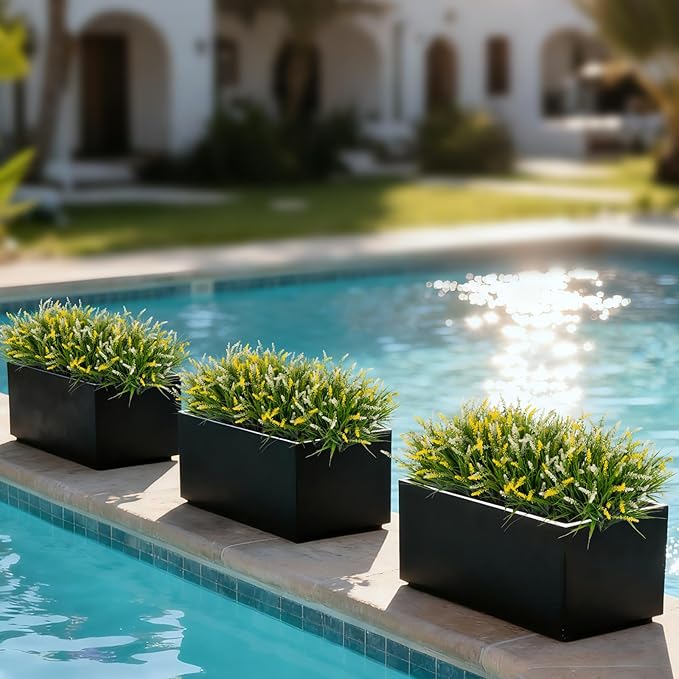 Ammyoo Artificial Faux Plants for Outdoor Spring Decoration, 12 Pcs Fake Monkey Grass for Garden Porch Balcony Planters, Fake Flowers Shrubs UV Resistant No Fade Plants Greenery Bush(Yellow White)