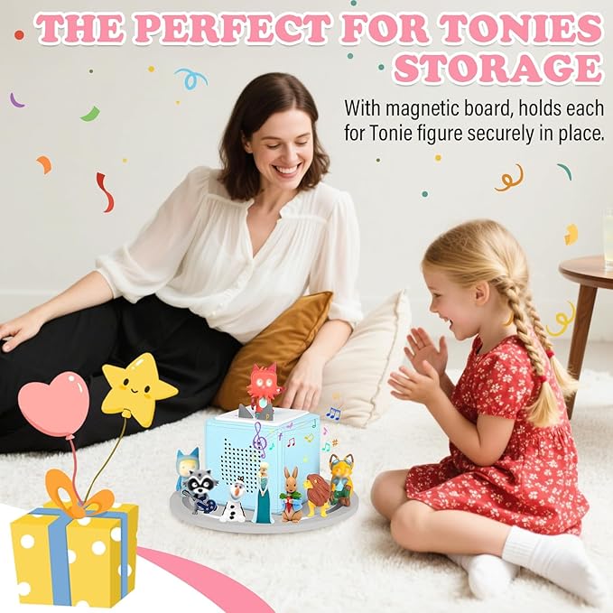 360° Round Turntable for Tonies Box 1/2 Organizer Storage Shelf, Magnetic Stand Holder for Toniebox Player Tonies Figures, Display Collection 10~15 Tonie Box Characters (Gray)