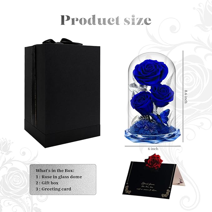 Preserved Rose in Glass Dome - Forever Flowers for Women, Mom, Wife - Birthday, Anniversary, Valentine's - Fresh Flowers for Delivery Prime (Blue)