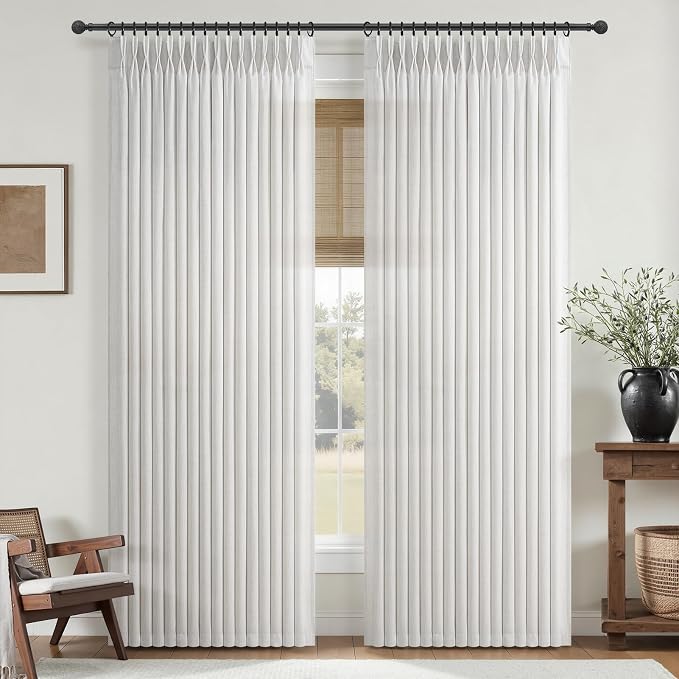 Off White 70 Inch Extra Wide Semi Sheer Curtains 108 Inches Long for Living Room, Memory Trained Pinch Pleated Natural Linen High Ceiling Window Curtain Light Filtering Aesthetic Drapes 1 Panel 70x108