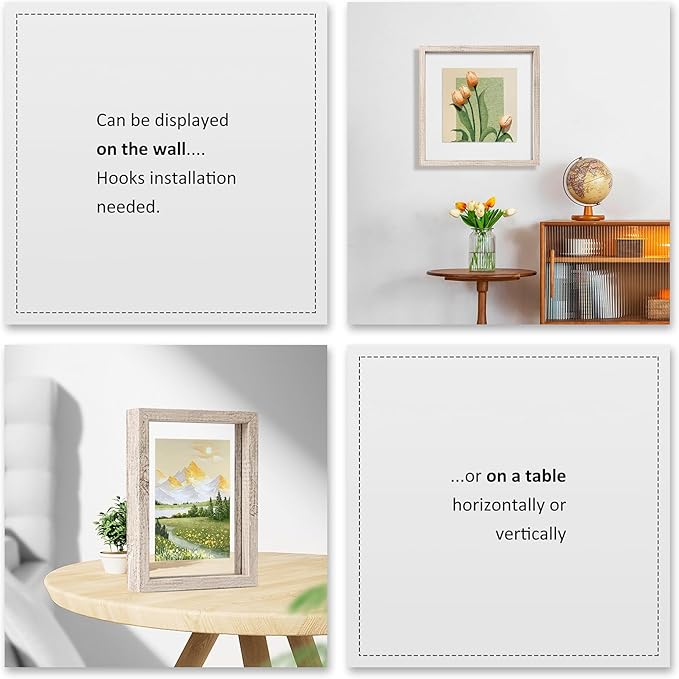 MUYE 8x10 Floating Frame Distressed Beige White Wood Pattern,Double Glass Picture Frame Set of 2 Display Any Size Photo up to 8x10,Wall Mount or Tabletop Stand