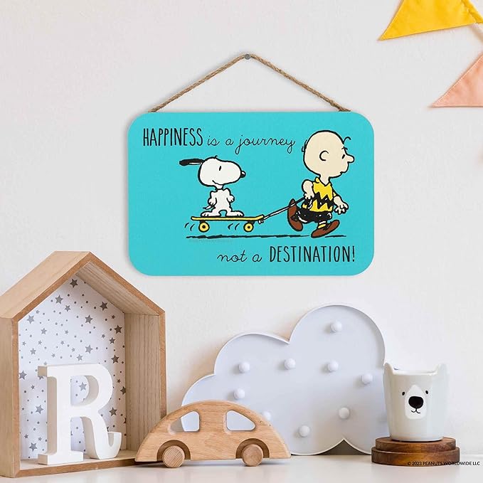 Peanuts Charlie Brown and Snoopy Happiness is a Journey Hanging Wood Wall Decor - Cute Snoopy Sign for Home, Office or Classroom