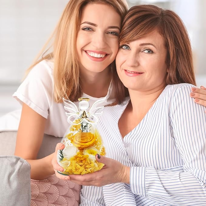 Yellow Preserved Rose Angel Figurine, Thank You Gifts for Female Coworker Teacher Nurse, Real Flower Friendship Farewell Birthday Presents