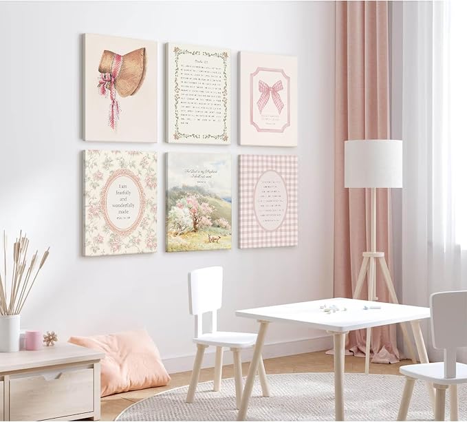 Christian Nursery Wall Art Bible Verse Canvas Wall Decor Pink Vintage Girls Nursery Poster Scripture Floral Bow Print Coquette Room Decor Pictures Jesus Artwork for Bedroom 12x16x6 Inch Wrapped Canvas