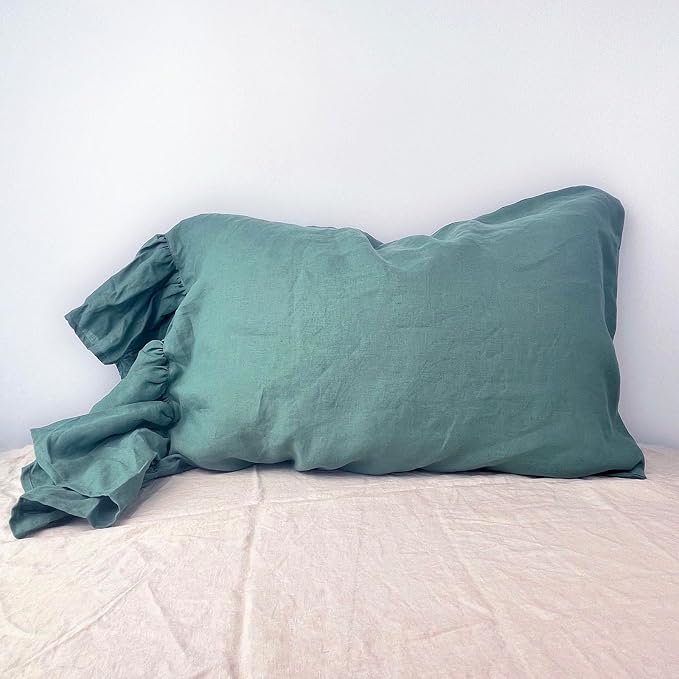 Green Ruffles Linen Pillowcase, 100% French Linen Pillow Cover, Queen Size 1 Piece Farmhouse Shabby Chic Pillow Case, 20''x30'' Pillowcase with Decorative Ruffle Envelope Closure