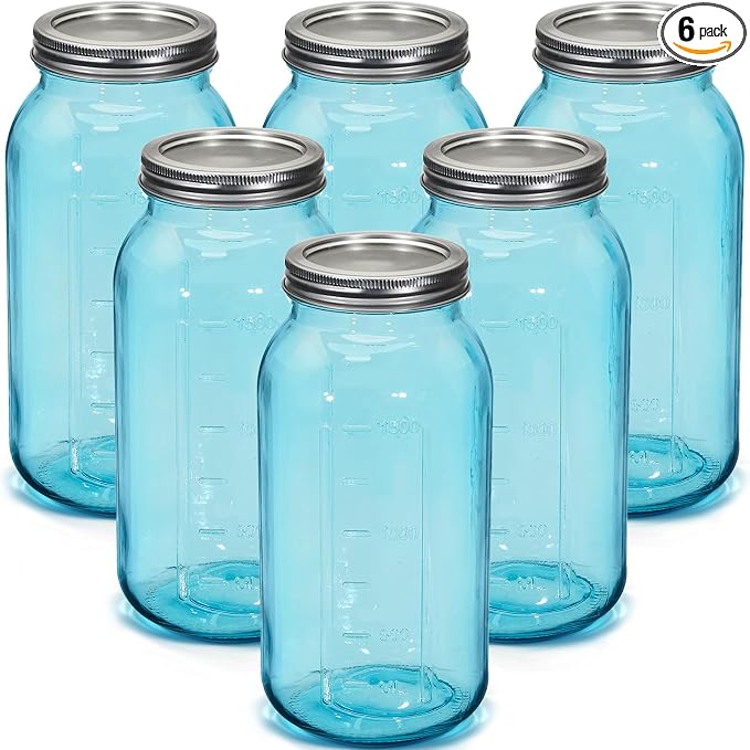 Norme 6 Pcs 64 oz Glass Mason Jars Glass Mason Jars Canning Container Set Embossed Half Gallon Fermenting Container with Airtight Lids for Canning Freezing Preserving Beverages Decor (Blue)