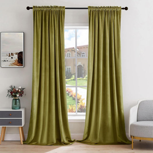 MIULEE Moss Green Velvet Curtains Thermal Insulated Blackout Curtain Drapes for Bedroom Living Room Darkening 108 Inches Long Curtains Panels Rod Pocket Set of 2