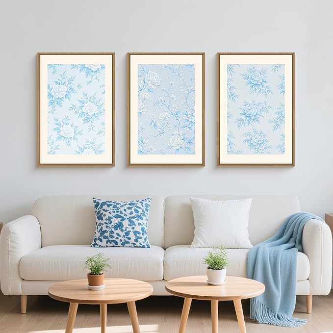 HPNIUB Blue and White Chinoiserie Floral Framed Wall Art Set,Classic Minimalist Wall Decor,Elegant Flowers Art Print,Watercolor Botanical Wildflower Artwork for Living Room, Bedroom,Office-24''x36''x3