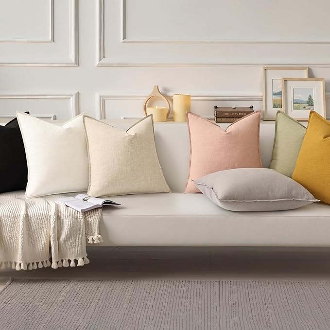 decorUhome Summer Decorative Linen Euro Sham Throw Pillow Covers 24x24 Inch Set of 2 Cream White Pillow Covers with Flange Edges Soft Farmhouse Boho Accent Pillow Cases for Couch Bed Living Room