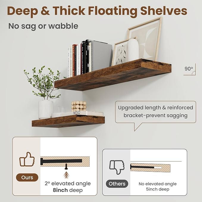 30 Inch Floating Shelves for Wall, 8 Inch Deep Floating Shelf for Storage & Display, Wall Mounted Shelf with Invisible Brackets for Living Room, Kitchen, Bathroom, Home Decor, Set of 2, Rustic Brown