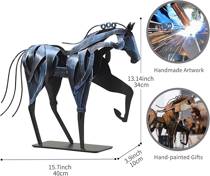 SunBlogs Art Metal Horse Statue Décor, Handmade & Hand-Painted Modern Western Horse Decoration, Rustic Iron Sculpture Gifts for Home Office for Horse Lovers (Vintage Blue)