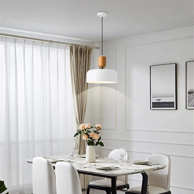 TeHenoo Modern Pendant Light, 12 inch, Matte White | Natural Wood and Brass Accent, Adjustable, For Kitchen Island, For Dining Room