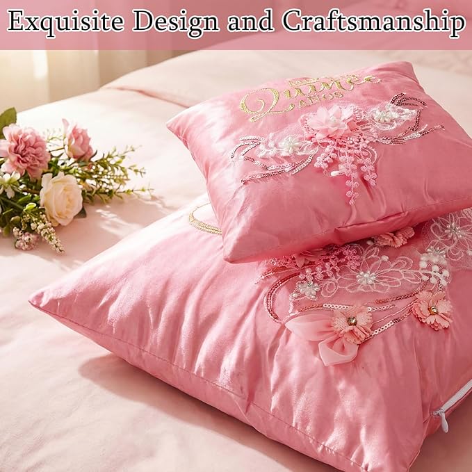 Mixweer 2 Sets/ 4 Pcs Cojines Pink Quinceañera Pillow Set 2 Pcs Quinceañera Embroidered Pillow Decorative with 2 Covers Cojines para 15 Años De Quinceañera Wedding Decorations Mis Gifts