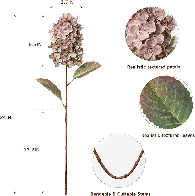 Ttranewsoo Fake Flowers Hydrangea Silk Flowers with Stems,Brown Flowers Fall Hydrangea Artificial Flowers,Winter Flowers Artificial for Decoration Vase Indoor and Outdoor 24"（Brown ） 8PCS Wthout Vase