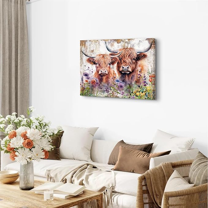 Rustic Highland Cow Wall Decor Watercolor Wildflower Cow Wall Art for Living Room Farmhouse Western Country Cattle Canvas Art Farm Animal Painting Cowboy Artwork Bedroom Bathroom Decoration 24x36"