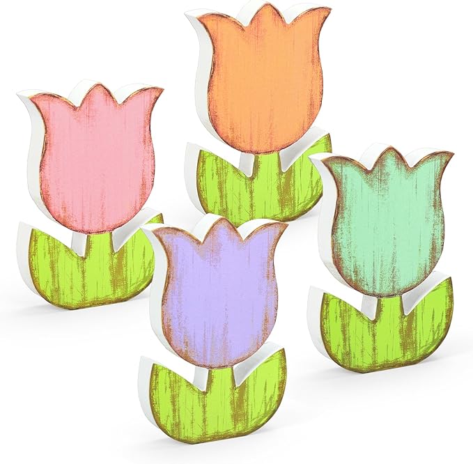 Whaline 4 Pcs Spring Tulip Flower Wooden Table Sign Tabletop Centerpiece Rustic Pastel Colorful Floral Tiered Tray Decor for Party Home Farmhouse Decoration