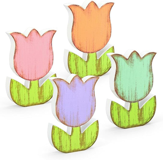 Whaline 4 Pcs Spring Tulip Flower Wooden Table Sign Tabletop Centerpiece Rustic Pastel Colorful Floral Tiered Tray Decor for Party Home Farmhouse Decoration