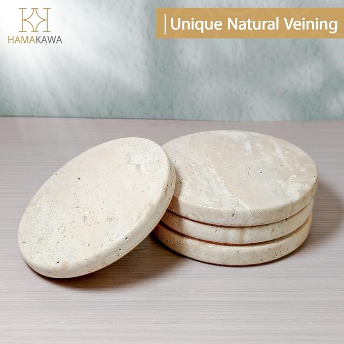 Turkish Natural Marble Coasters Set of 4, Round Travertine Coasters 4 inch, Beige Stone Drink Coaster for Home Decor, Coffee Table, Office