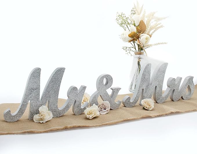 Mr & Mrs Sign for Wedding Table, Large Mr and Miss Wooden Letters, Party Decoration Head Table Wedding Wood Letter, Just Married Sign Anniversary Party Valentine's Day Decor, Silver 2