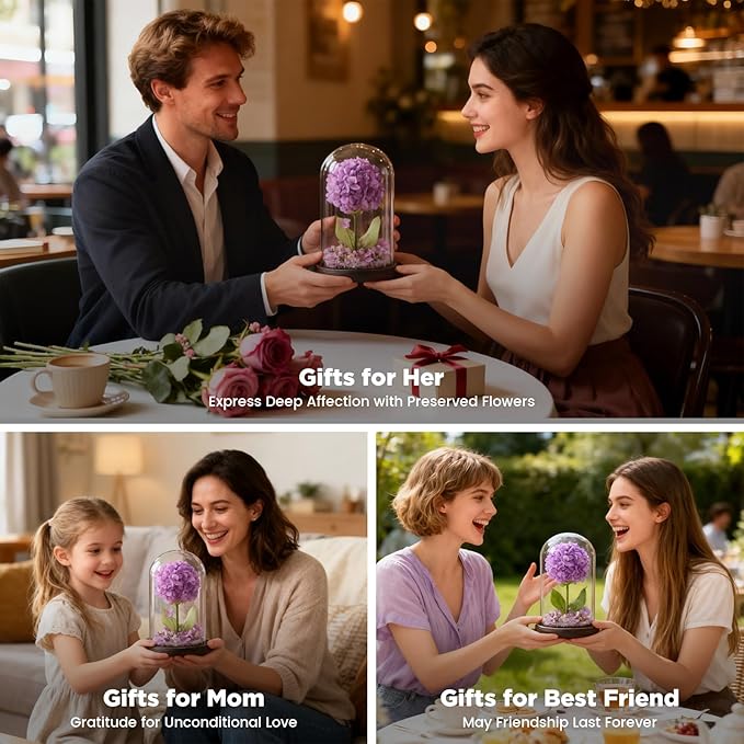 Forever Hydrangeas in Glass Dome,Forever Preserved Flowers Gifts Mothers Day Birthday for Grandma Women Mom Wife,Fresh Flowers for Delivery/Purple Hydrangea