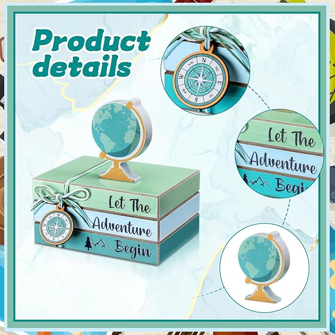 Pinkunn 4 Pieces Travel Themed Wooden Centerpieces Table Toppers Let The Adventure Begin Book Stacks Travel Around The World Bon Voyage for Desk Shelf Home Office Home Living Room