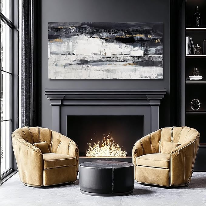 Dolidoteart Canvas Wall Art, Black White Gray Abstract Wall Art Print, Modern Gold Accent Horizontal Artwork for Living Room Bedroom Office, 24x48 Inch