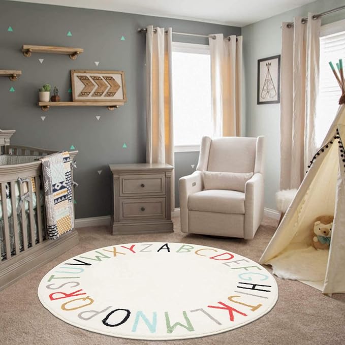 Topotdor Rainbow Round Kids Play Rug Alphabet Nursery Area Rug Extra Large Soft Crawling Play Mat for Children Toddlers Bedroom (47 inch, Multi Color)