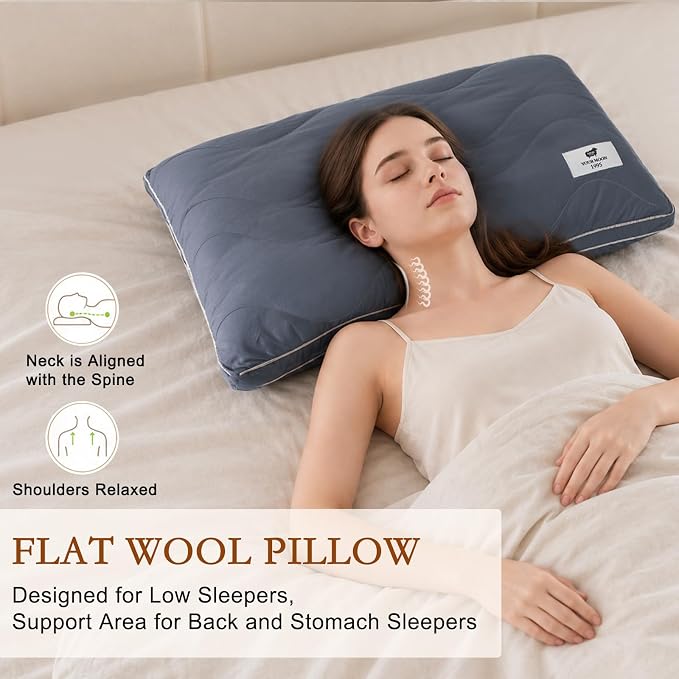 YOUR MOON Natural Wool Pillow King, Flat & Thin Wool Pillow for Sleeping, Low-Loft Bed Pillows for Back and Stomach Sleepers, Breathable Cotton Cover(Gray)