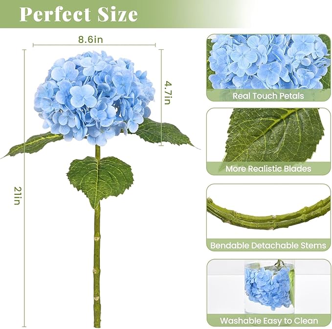 MARTINE MALL 5Pcs 21in Hydrangea Artificial Flowers, Latex Real Touch Hydrangeas Lifelike Large Hydrangea Flowers for Home Decor Party Arrangements Wedding Bouquets Centerpieces (Blue)