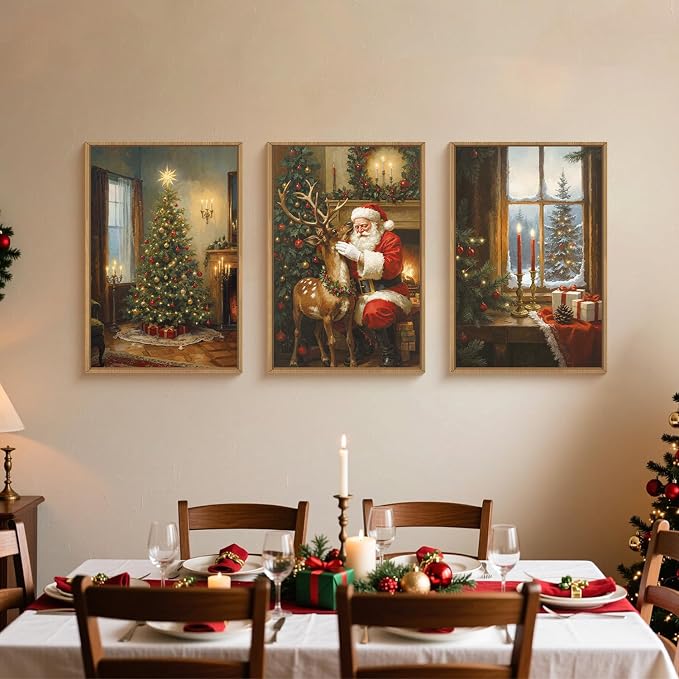 Vintage Christmas Wall Art Set, Santa Reindeer Snowy Painting, Lit Tree Candle Window Artwork for Living Room, Bedroom, Fireplace, Xmas Gifts for Home Decoration -16"x24"x3
