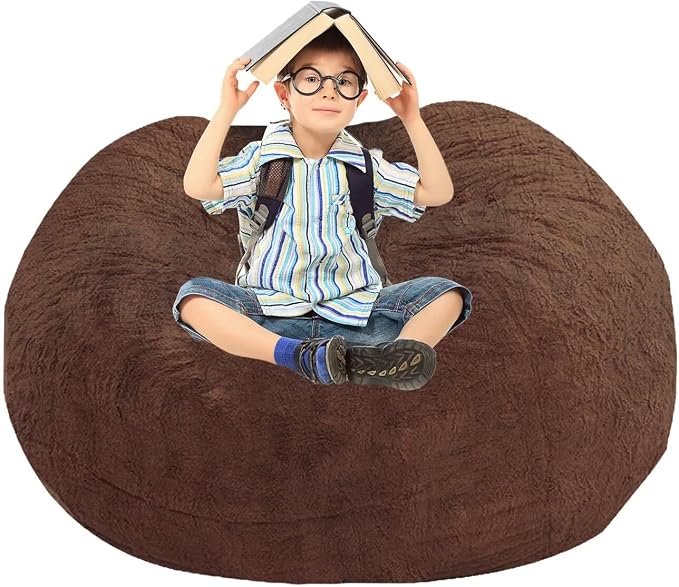 BCU Bean Bag Cover Comfy Beanbag Chair for Adults Without Filler Faux Fur Lazy Sofa Cover for Living Room Chairs, Brown, 3.5FT