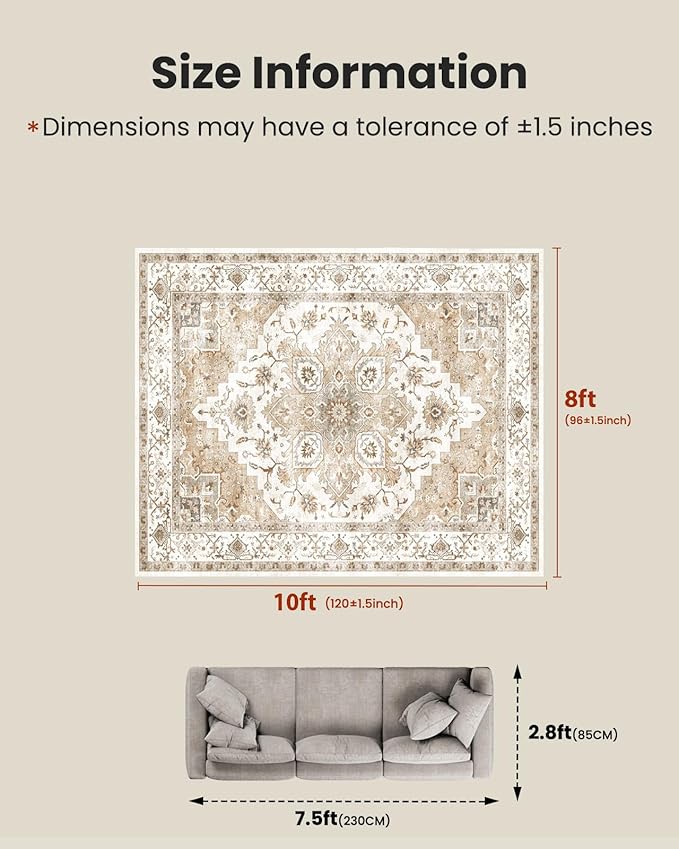 Amada 8x10 Area Rugs, Low-Profile Large Washable Area Rug with Non-Slip Backing & Durable Edge Binding, Vintage Rugs for Living Room, Bedroom, Dinning Room