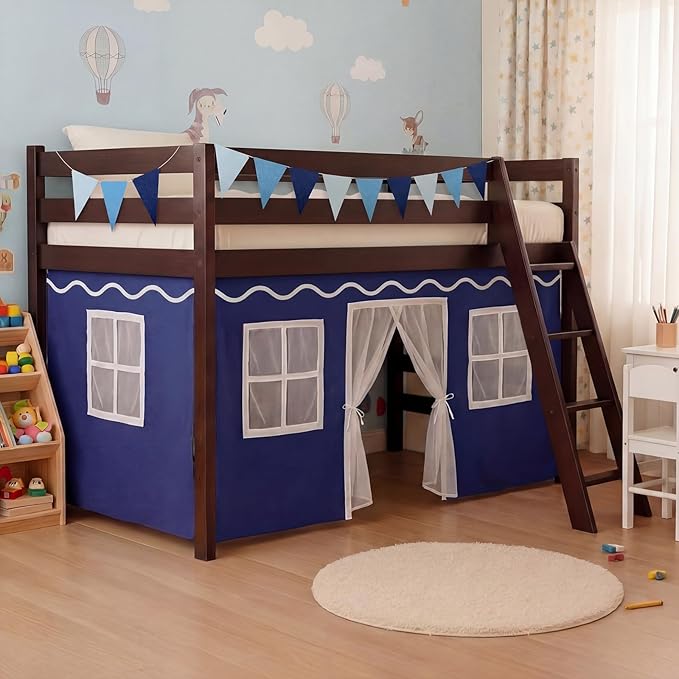 Breling 3 Panel Bunk Bed Curtains for Bottom Loft Bed Tent Set with Felt Flag Double-Layer Twin Bunk Curtains Playhouse Accessories for Boy Girl Bedroom(Blue and White)