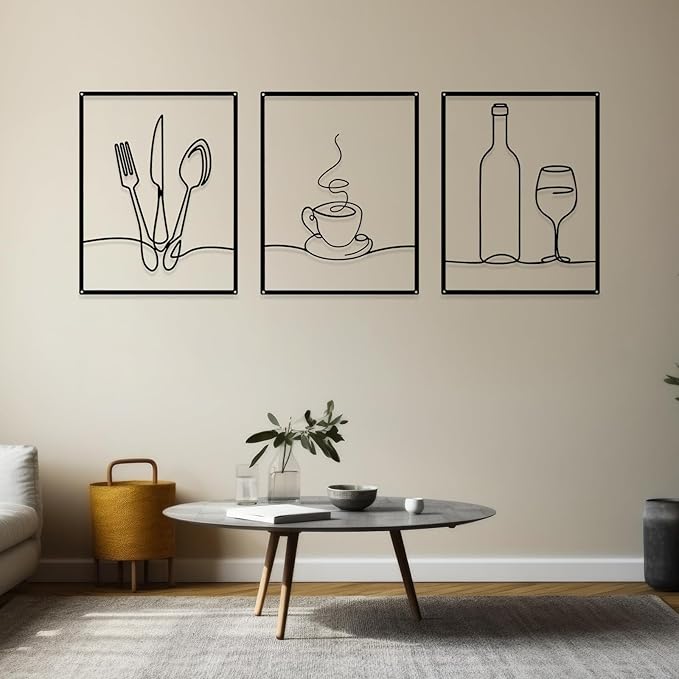 Otoolling 3 Pieces Metal Minimalist Line Kitchen Signs Wall Decor Drawing Rustic Kitchen Wall Art for Dining Living Room Home, 14 x 11 Inches(Dining Room,Black)