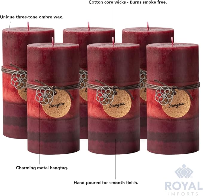 Royal Imports 3" x 6" Pillar Candles for Christmas Holiday Décor, Wedding & Home Decoration, Unscented, Dripless & Smokeless, Set of 6, Red Ombre Wax