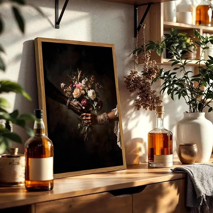 Framed Black Love Floral Wall Art, African American Couple Canvas Wall Decor Prints, Dark Romantic Holding Flowers Paintings Pictures Moody Home Decor Aesthetic for Living Room Bedroom 16x24 inch