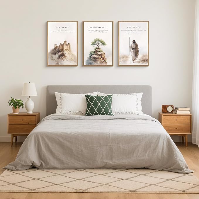 Jesus Christ Easter Bible Verse Story Framed Canvas Wall Art Set,Christian Religious Faith Resurrection Decor,Watercolor Beige Scripture Artwork for Church,Prayer Room,Living Room-24"x36"x3
