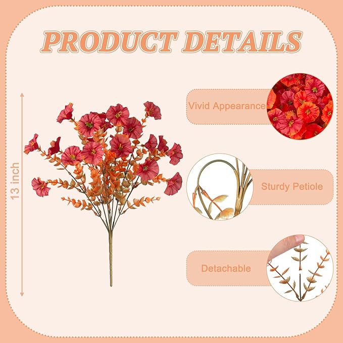 Hrobek Fall Artificial Flowers for Decoration, 12 Bundles Fake Mums Autumn Flower Plants Petunias, Faux Silk Morning Glory Eucalyptus for Planter Garden Porch Front Door Window Box, Orange Red