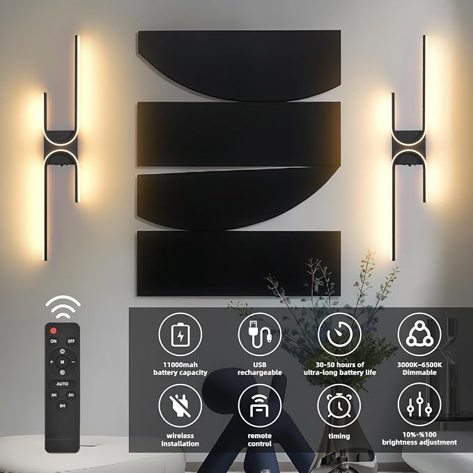 Battery Operated Wall Sconce with Remote Control, USB Rechargeable Wireless Wall Sconce Set of 2, LED Dimmable Wall lamp, 3 Color/Timer/Memory, Black Wall lights for Bedroom Living Room, 31.5 "
