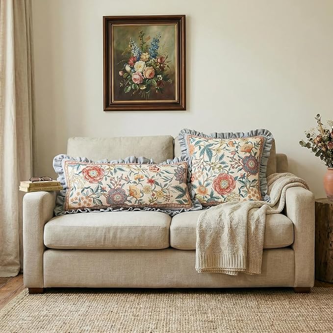 bilin gaier Vintage Linen Throw Pillow Cover,18"x18"-Flowershadow A | Designer Elegant Square Pillow Cover,Concealed Zipper Design,Floral Pattern,Sofas,Bedroom,Living Room,Lounge Chairs