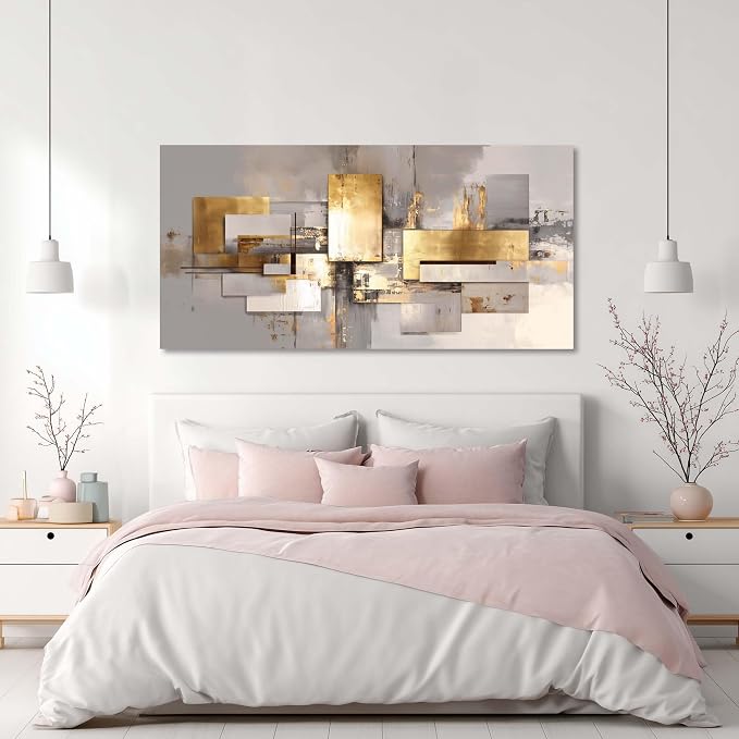 Ggaafet Gold Abstract Wall Art for Living Room Canvas Painting Prints Golden Rectangle Art Deco Modern Artwork Office Bedroom Family Room Decor Extra Large
