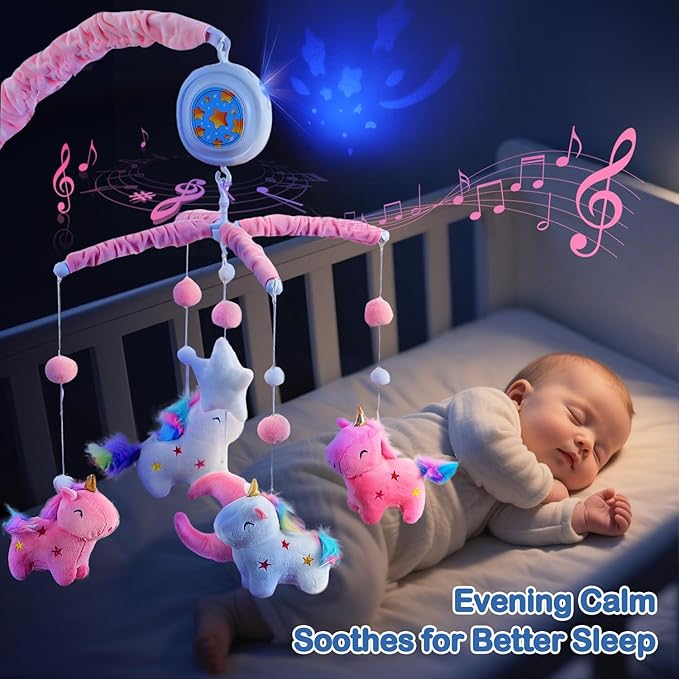 Unicorn Baby Crib Mobile for Girls with Music Box (100+ Lullabies), Rotating Plush Crib Toys for Newborns, Infant, Baby Shower Gift