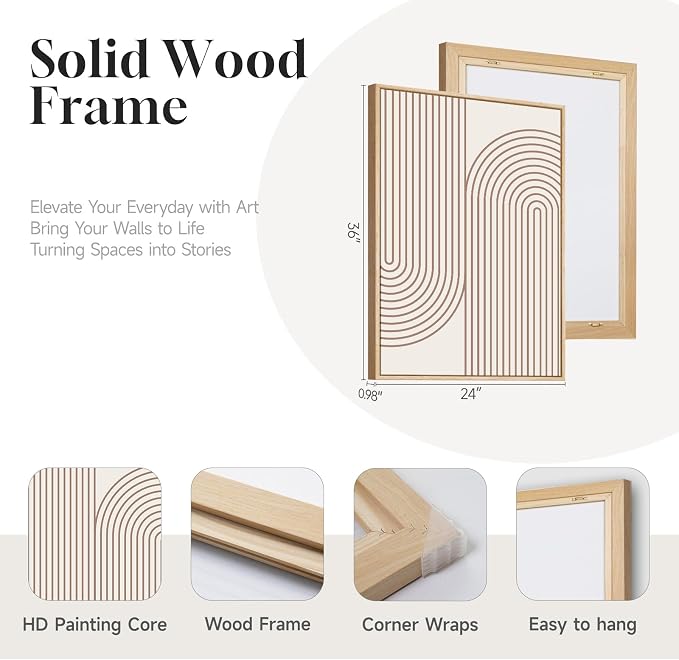 Large Framed Abstract Neutral Boho Wall Art for Living Room, 3 Piece Beige Mid Century Modern Canvas Artwork for Walls, Bauhaus Geometric Prints for Bedroom Office Dining Room Wall Decor, 24x36 Inch