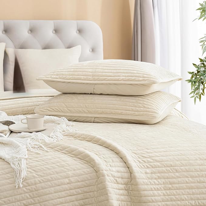 PHF Luxury Velvet Quilt Set Twin Size – 2PCS Ultra Soft Quilted Comforter Alternative with Striped Channel, Cozy Quilted Bedspread, 1 Coverlet with 1 Matching Sham, 68" x 92", Sand