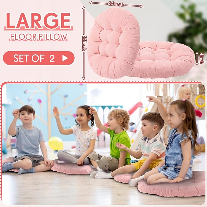 Jerify 2 Pcs Floor Pillow Cushions Large Round Square Large Meditation Floor Pillow for Classroom Adult Meditation Picnic Party Seating Learning Daycare School (Round,Bright Pink)